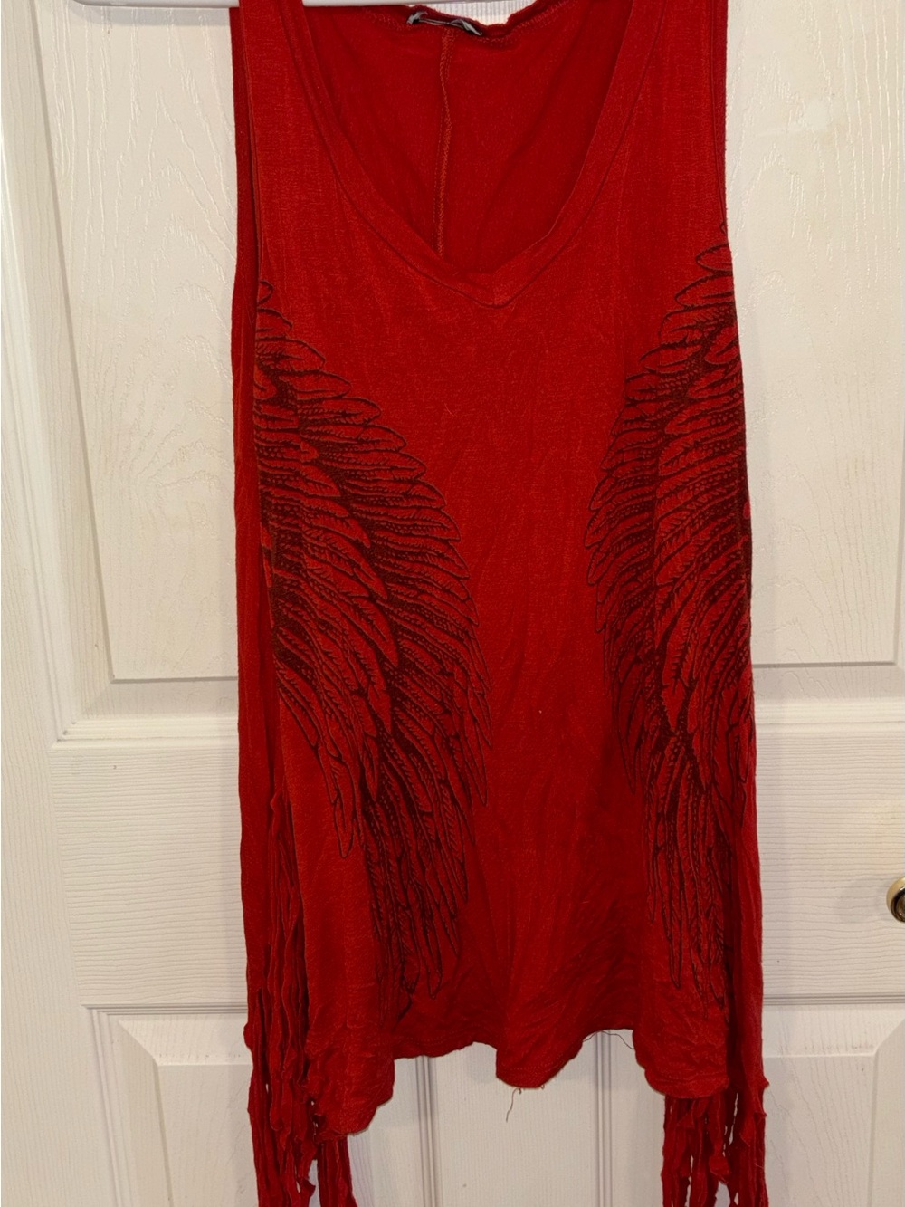 Red Fringe Wing-Print Sleeveless Top